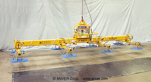 ANVER Electric Vacuum Generator with Lifting Frame with Eight Adjustable Pads on Crossarms for Lifting & Handling Metal Sheet 20 ft x 10 ft (6.2 m x 3.1 m) up to 8000 lbs (3629 kg)